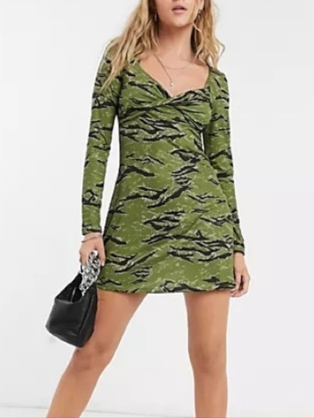 TOPSHOP Green Camouflage Twist Front Mini Dress Women's Size 6